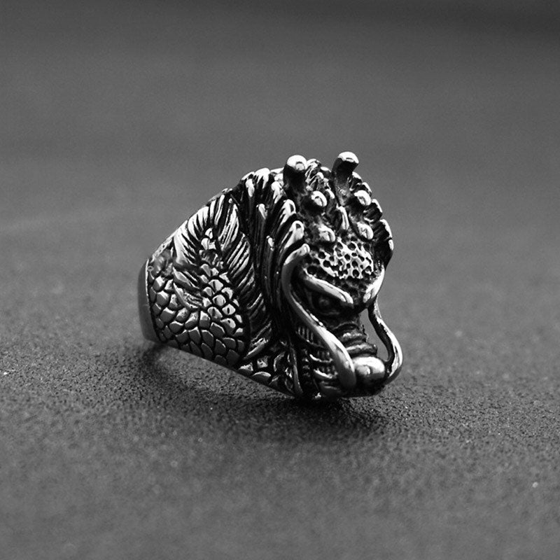 Drachenkopf Ring Titanstahl Feng Shui Schutz Wohlstand Harmonie