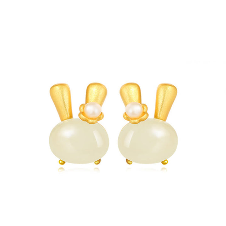 Ohrringe Hetian-Jade Hase Perle – Fülle goldfarben niedlich spirituell Ohrstecker