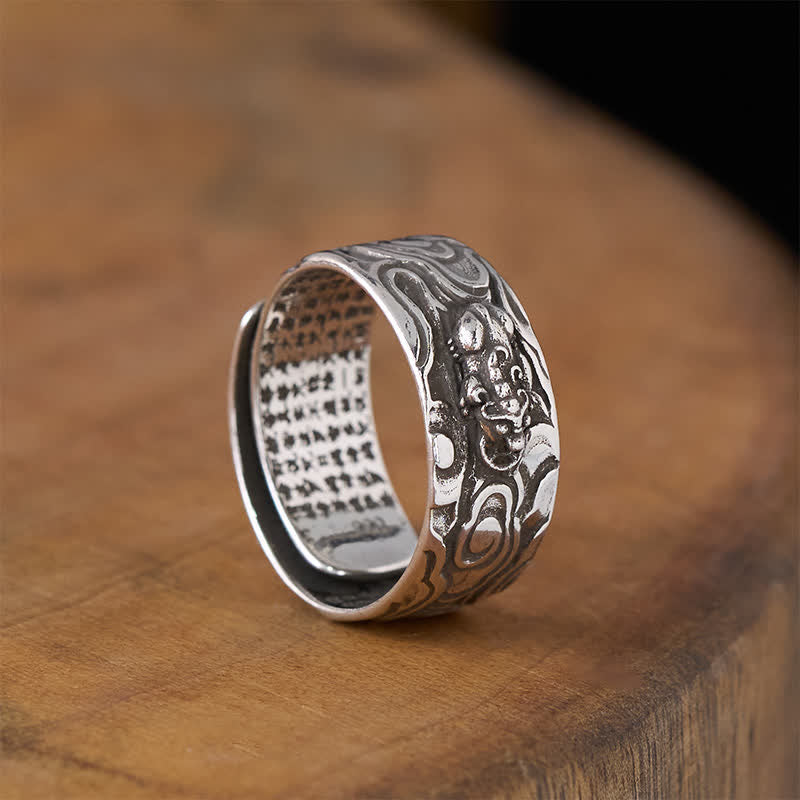 Pixiu Ring Herzsutra Silber chinesische Zeichen Wohlstand Fengshui Glück