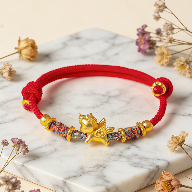 Armband Pferd 999 Silber Vergoldet Schutz rote Schnur Marmor