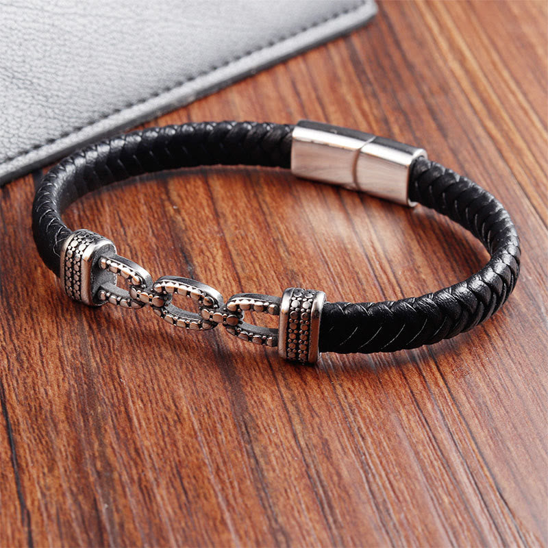 Schwarzes Armband Chain Link Titanstahl Leder Stärke Verschluss