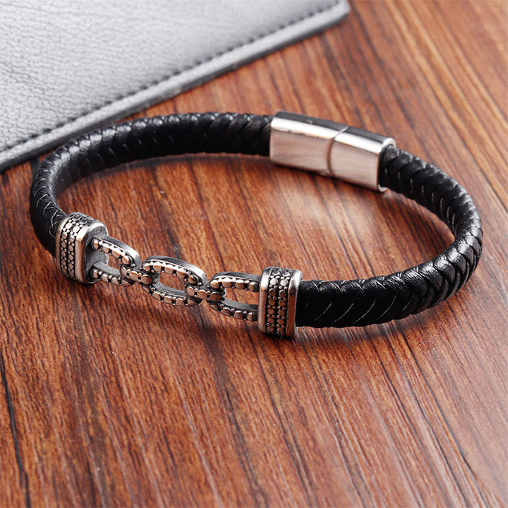 Schwarzes Armband Chain Link Titanstahl Leder Stärke Verschluss