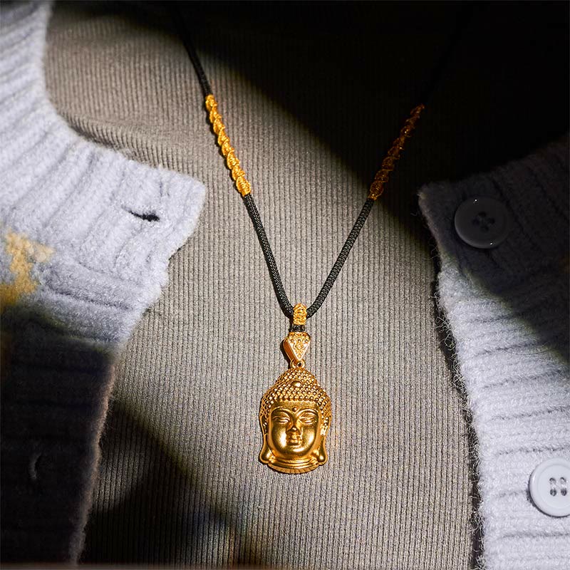Buddhakopf Kette Vergoldetes Messing Symbol getragen schwarze Schnur
