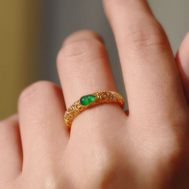 Vintage Kupfer Ring mit Grünem Chalzedon Kürbis für Wohlstand