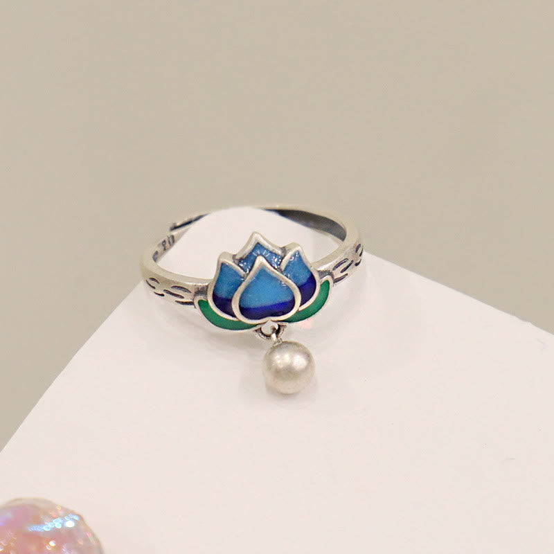 Ring Lotus aus Silber blau grün Perle Anhänger Glück