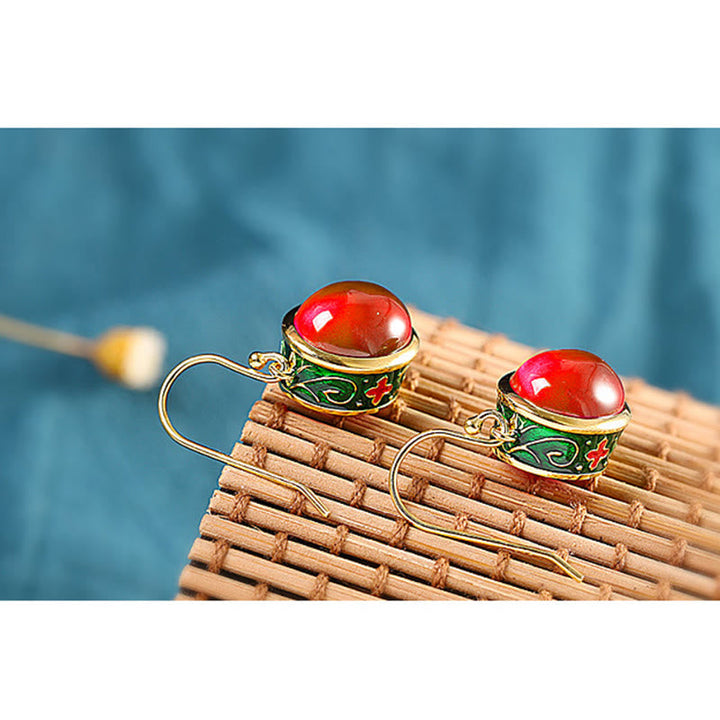Ohrringe Roter Korund Cloisonné Emaille Gold Boho Schmuck Ohrhänger spirituell