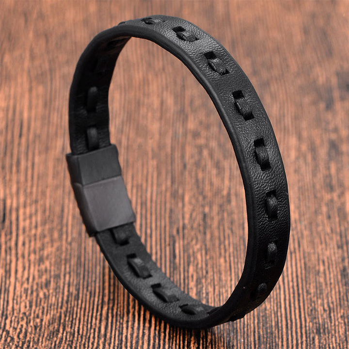 Armband Titanstahl Buckle Layered Geflochten Leder schwarz Ruhe Handgelenk Schmuck