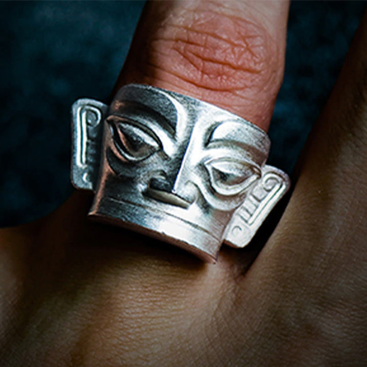 Silber Ring 999 Sanxingdui Maske Design Schutz Glück Feng Shui Schmuck