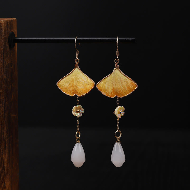 Ohrringe Ginkgo Kupfer Seide – Glück goldene Ohrhänger mit Blüte Boho Schmuck