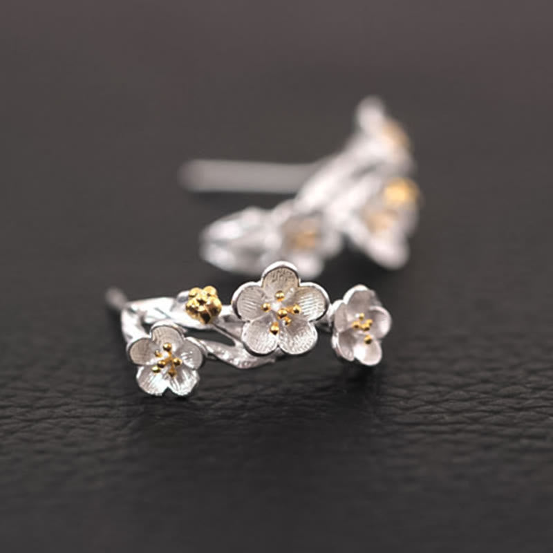 Ohrringe Silber Pflaumenblüte filigran goldene Staubblätter Boho Schmuck spirituell