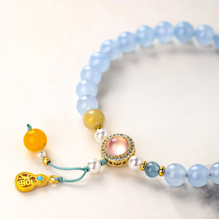 Armband Chalcedon Fu-Zeichen Heilung blaue Perlen goldener Anhänger Schutz Glück