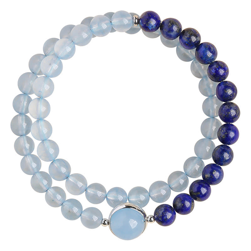 Armband Lapislazuli Aquamarin Heilung Doppelreihe Perlen Silber Anhänger Handgelenk