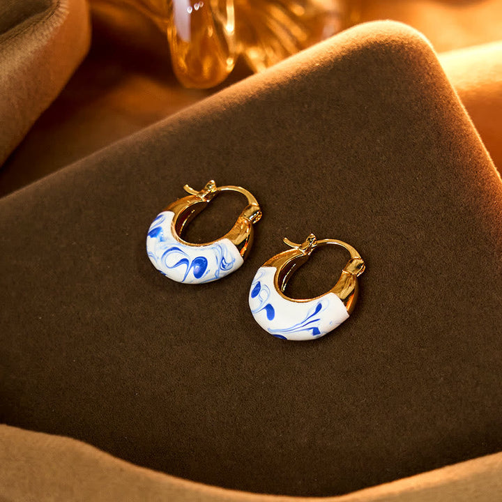 Ohrringe Kupfer Emaille Heilung Glück Creolen Blau Weiß Goldfarben Boho Schmuck