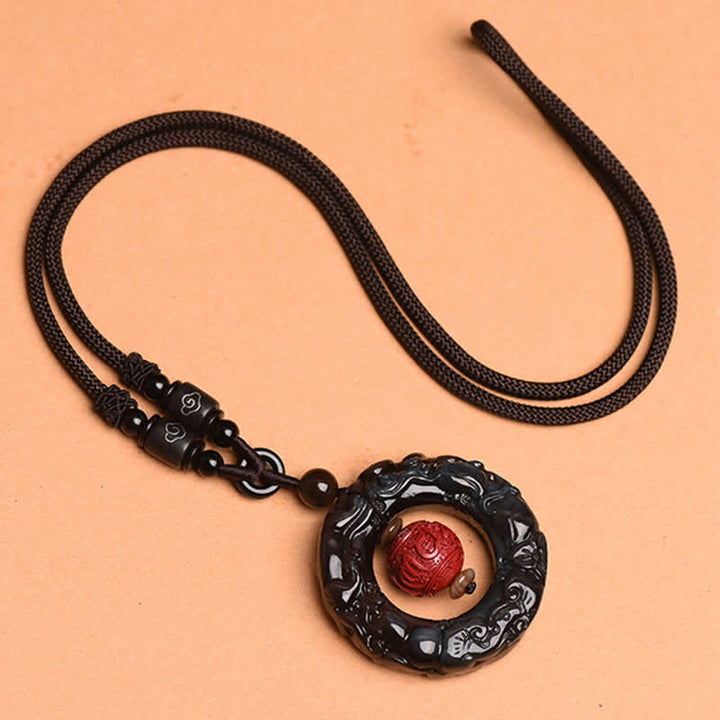 Schwarze Obsidian Kette mit rotem Zinnober Pixiu Anhänger Regenbogobsidian