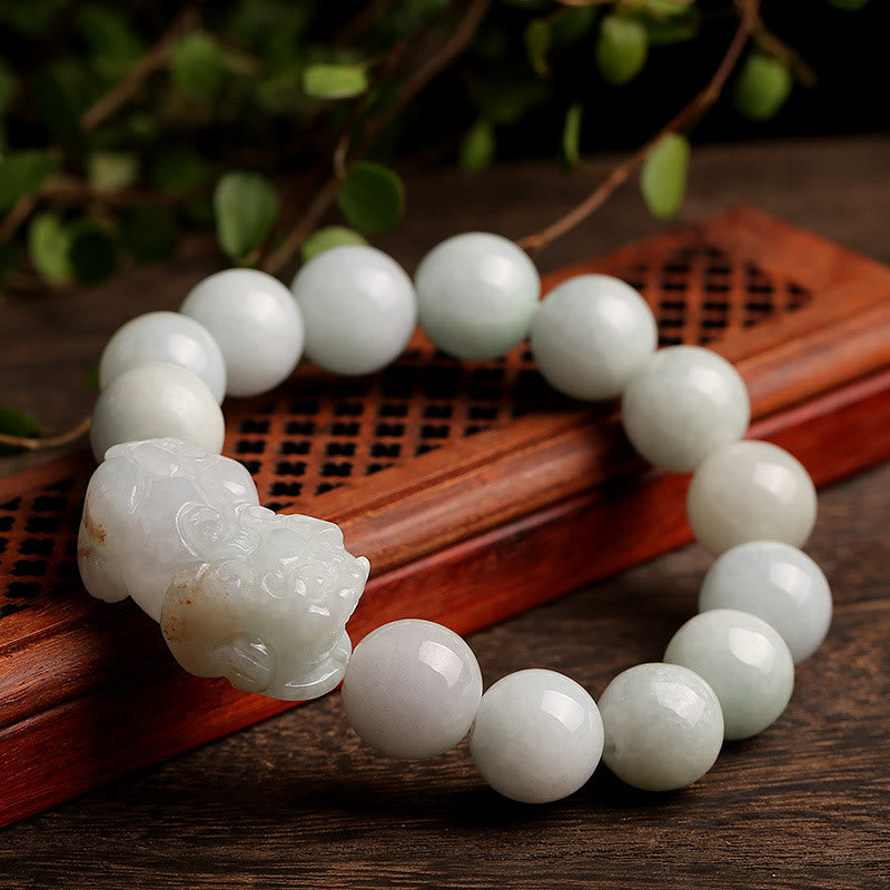 Jade Pixiu Armband mit weißen Perlen Glück Wohlstand Energie Fengshui