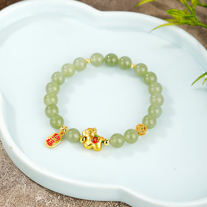 Armband Jade Jahr Des Pferdes – Fülle grüne Perlen goldenes Pferd