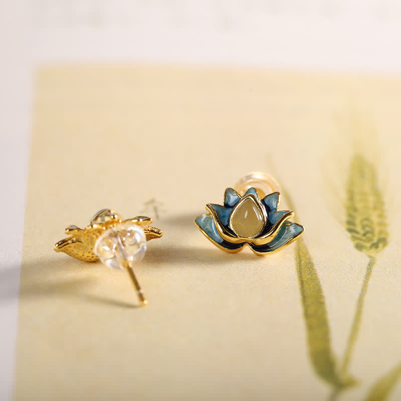 Ohrringe Hetian-Jade Lotus Erfolg goldene Ohrstecker Boho Schmuck spirituell