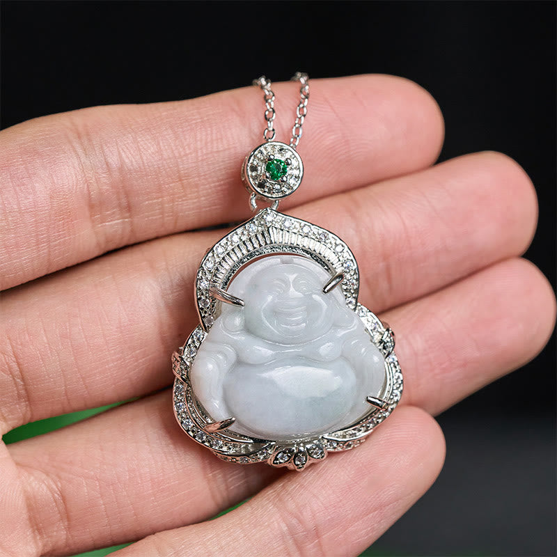 Jade Lachender Buddha Anhänger an silberner Kette Überfluss Glück