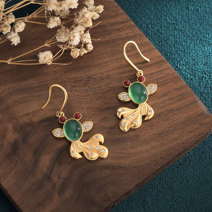 Ohrringe Jade Koi Fisch goldfarben Holz Boho Schmuck spirituell Ohrhänger