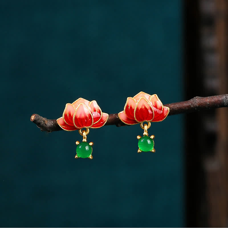 Ohrringe Jade Lotus Emaille Neuanfang roter Lotus grüner Stein Boho Schmuck