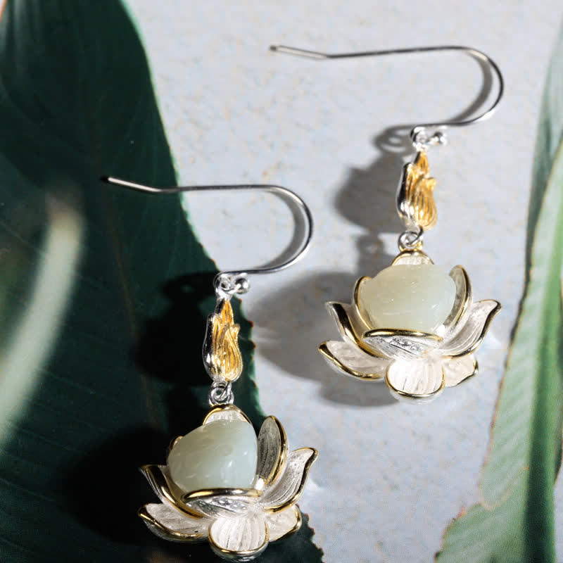 Ohrringe Weißer Jade Tropfen Lotus Silber Boho Schmuck spirituell Ohrhänger