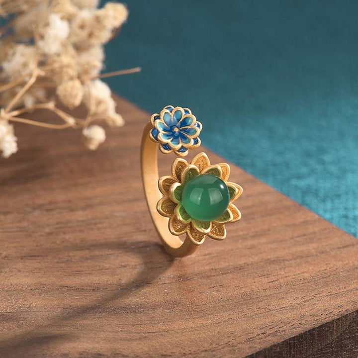 Ring Jade Lotus Muster Fülle Blume Kupfer Fengshui Glück Schmuck