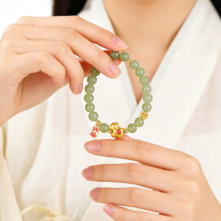 Armband Jade Jahr Des Pferdes – Fülle grüne Perlen goldenes Pferd Handgelenk