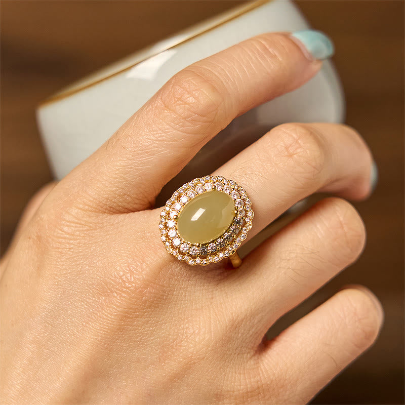 Jade Ring Kupfer grün Fassung Fülle Wohlstand Glück Fengshui