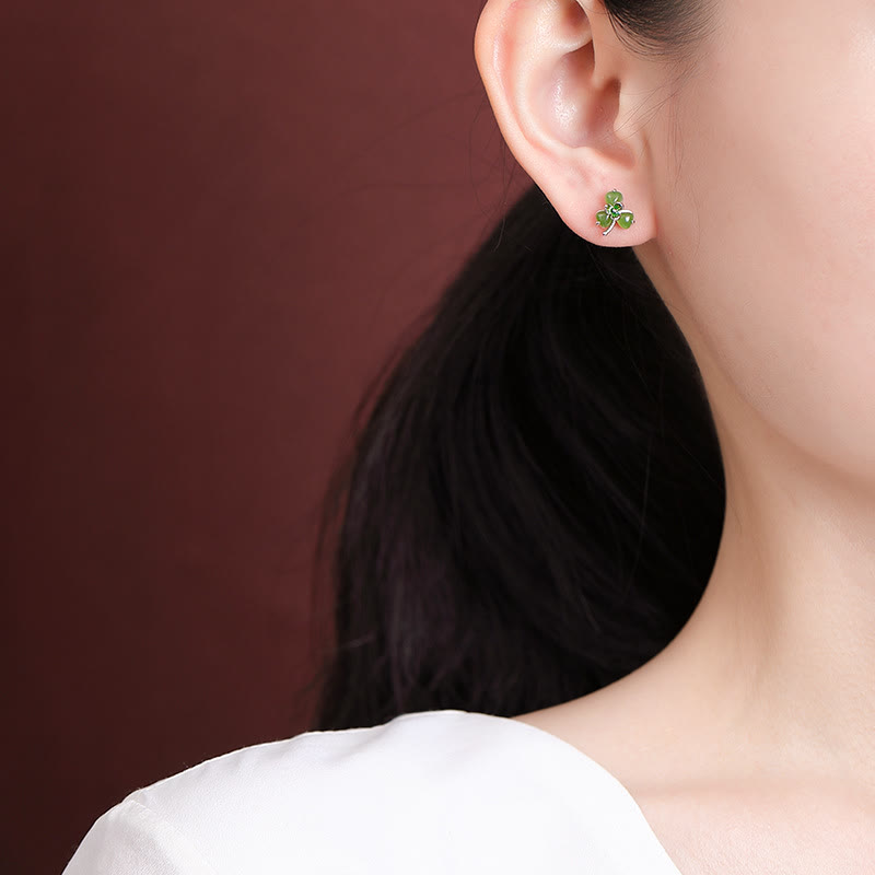 Ohrringe Hetian Jade Kleeblatt – Glück getragen Silber Boho Schmuck spirituell