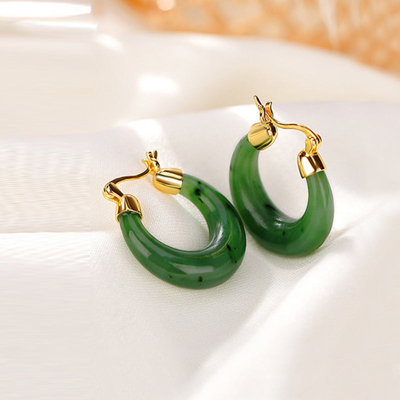 Hetian Jade Ohrringe grün Gold Creolen Glück Boho Schmuck spirituell