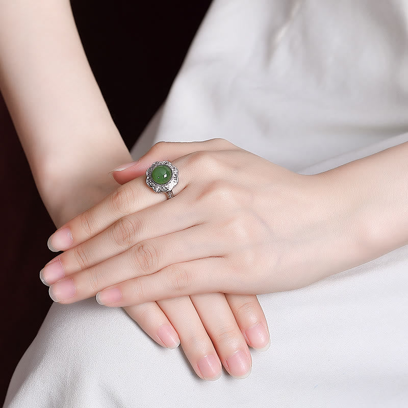 Ring 925 Silber Hetian Jade Blume Glück Schutz Eleganter Fingerring