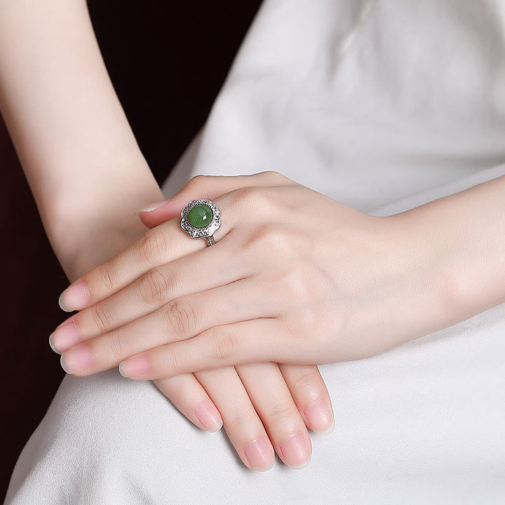 Ring 925 Silber Hetian Jade Blume Glück Schutz Eleganter Fingerring