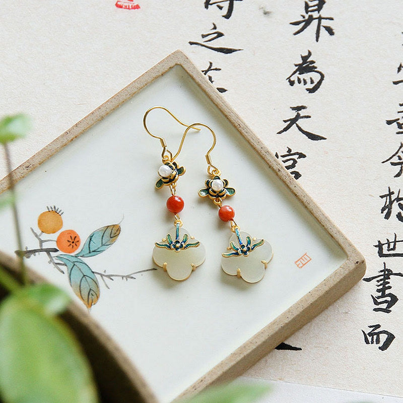 Ohrringe Jade Kleeblatt Kupfer Glück Fülle Boho Schmuck Ohrhänger asiatisch