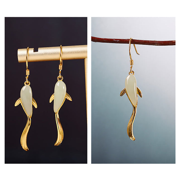 Ohrringe Jade Fisch Glück goldene Ohrhänger Boho Schmuck spirituell elegant
