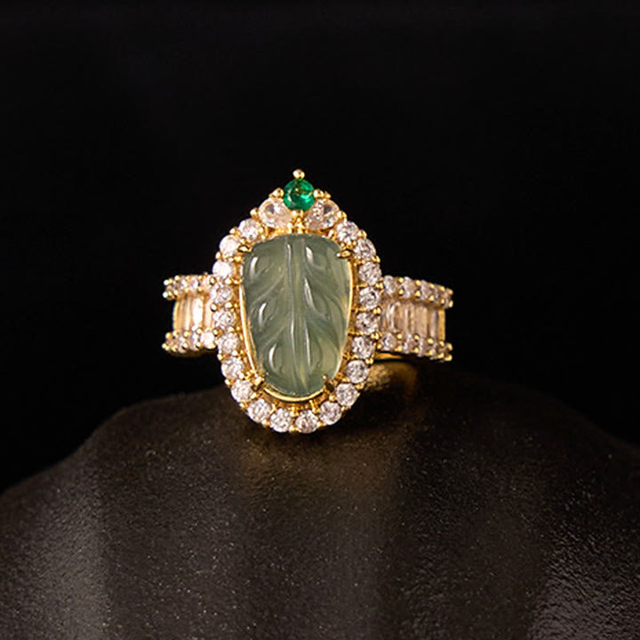 Jade Blatt Ring Kupfer Vergoldet mit Kristallen Glück Schutz