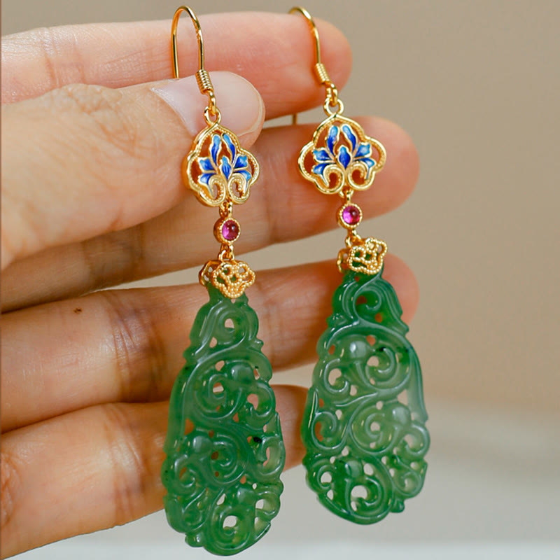 Ohrringe Hetian Jade Emaille – Wohlstand getragen Boho Schmuck spirituell Ohrhänger
