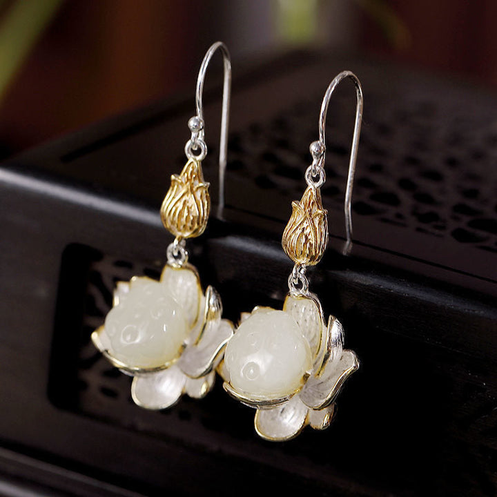 Ohrringe Weißer Jade Tropfen Lotus Silber Gold Boho Schmuck spirituell