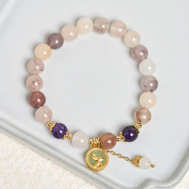 Armband Jade Fu-Zeichen mit Rosenquarz Amethyst Perlen goldener Hase Anhänger