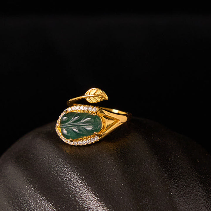 Kupfer Ring mit Jade Blatt und Kristallen Schutz Wohlstand Fengshui