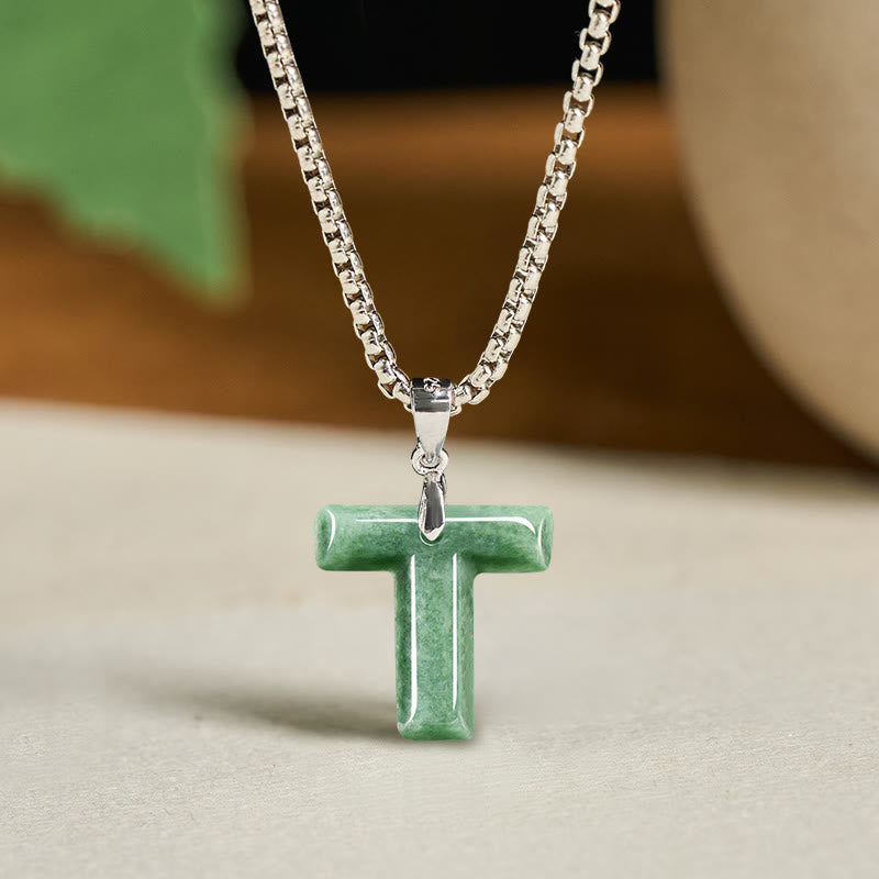 Jade Kette grüner T Buchstabe Anhänger Titanstahl Naturstein