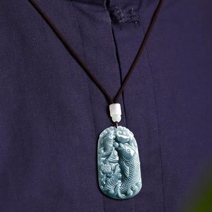 Jade Kette mit Koi-Fische Anhänger Naturstein Doppel Wohlstand