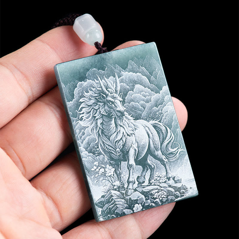 Jade Pferd Anhänger Gravur Chinesischer Zodiak Kette grüner Naturstein