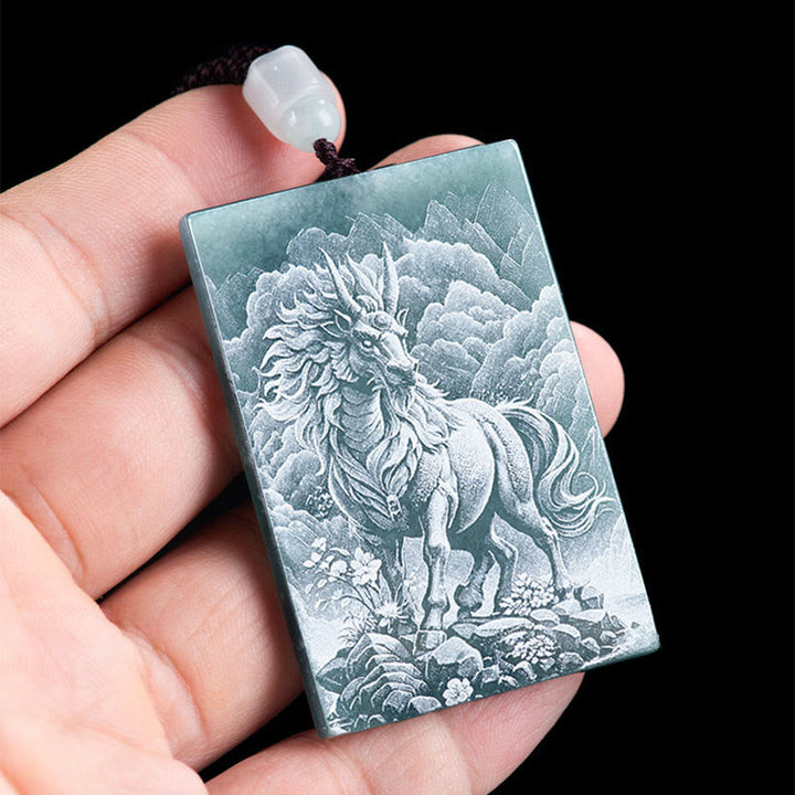 Jade Pferd Anhänger Gravur Chinesischer Zodiak Kette grüner Naturstein
