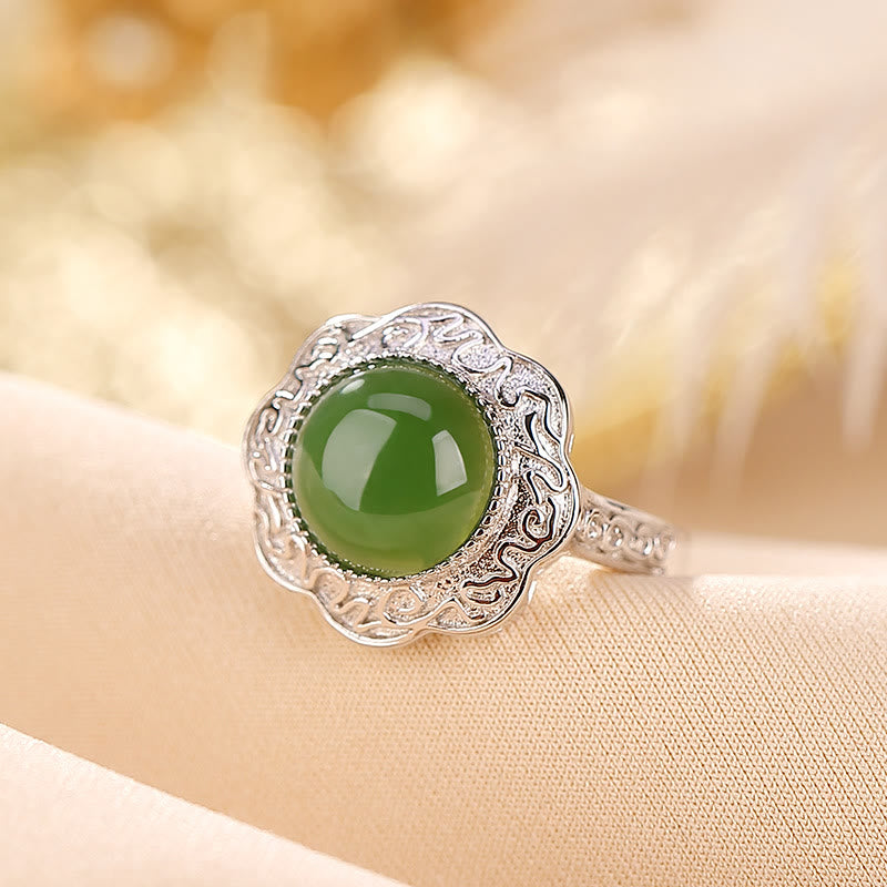 Ring 925 Silber mit Hetian Jade Blume Design Glück Symbol