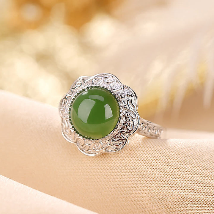 Ring 925 Silber mit Hetian Jade Blume Design Glück Symbol