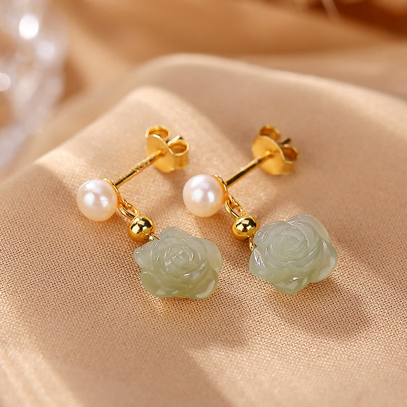 Ohrringe Jade Perle Blume Glück Gold Boho Schmuck spirituell Ohrhänger