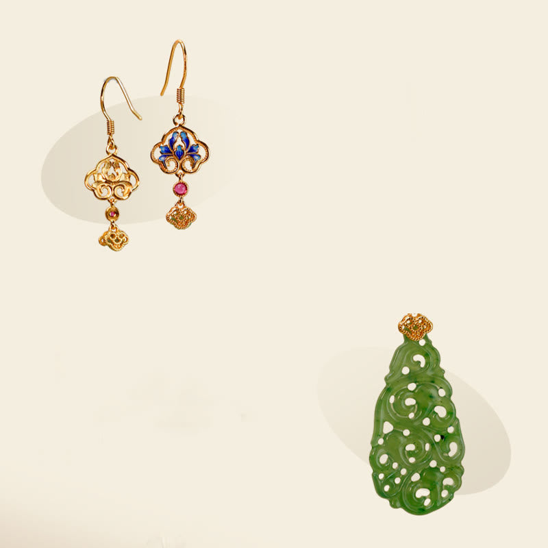 Ohrringe Hetian Jade Emaille – Wohlstand goldene Ohrhänger mit grünem Jade Anhänger