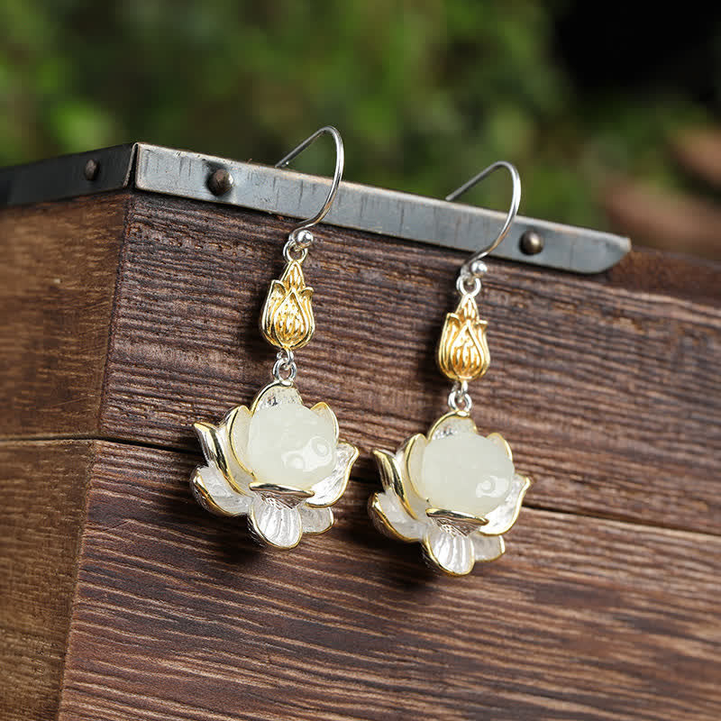 Ohrringe Weißer Jade Tropfen Lotus Silber Gold Boho Schmuck