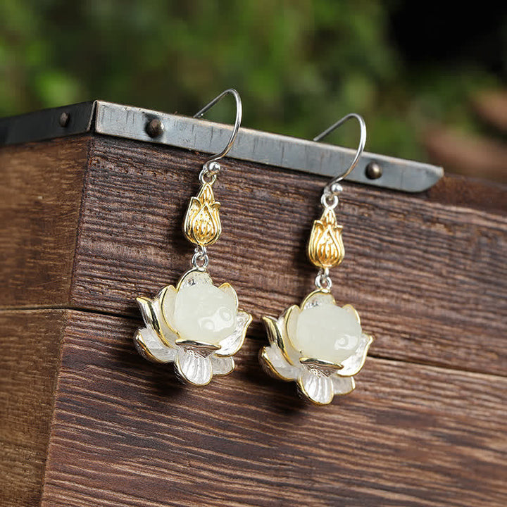 Ohrringe Weißer Jade Tropfen Lotus Silber Gold Boho Schmuck