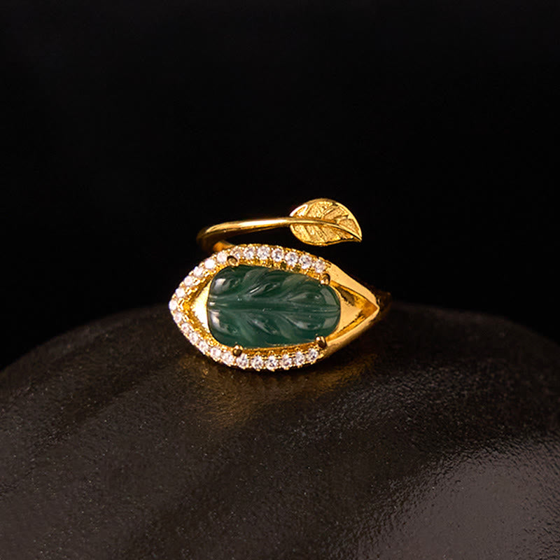 Ring Kupfer Jade Blatt Wohlstand mit Kristallen und Blattdesign